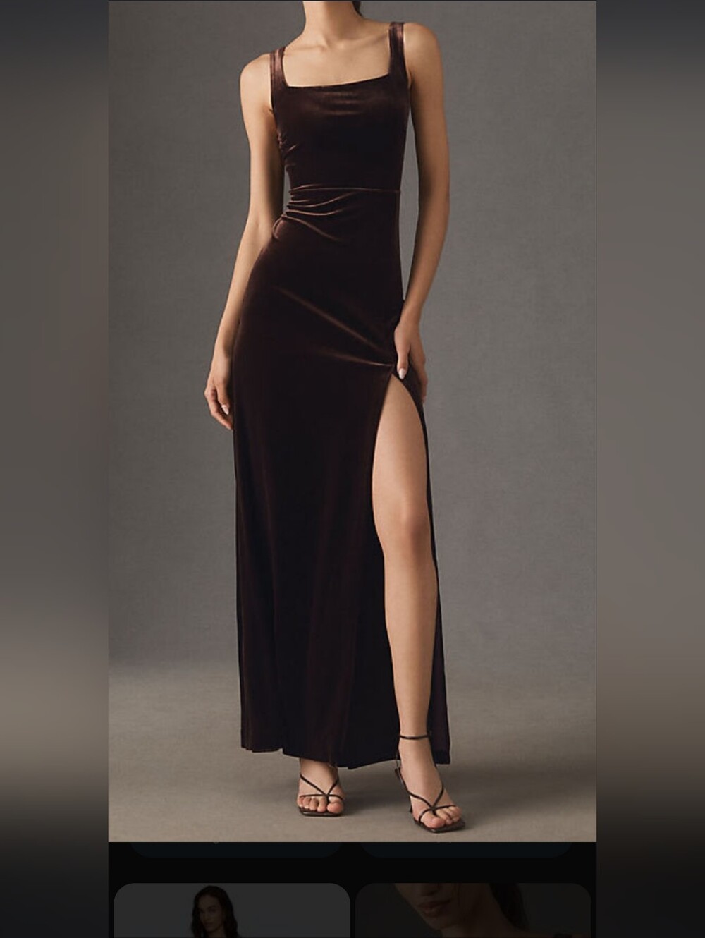 BHLDN Dark Brown Velvet Maxi Dress with Square Neck and High Slit